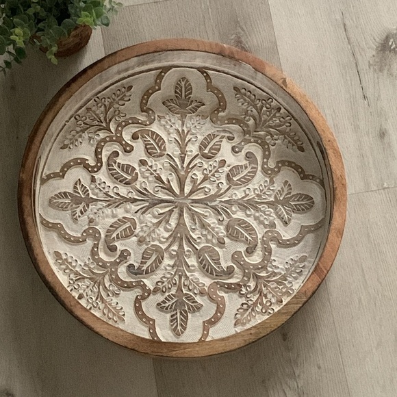 Wooden round serving tray white‎ wash distressed with handles home decor coastal - Picture 8 of 9